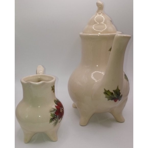 Lily Creek Incomplete Porcelain Tea Set Poinsetta Teapot Creamer Cup 2 Saucers - Picture 4 of 12